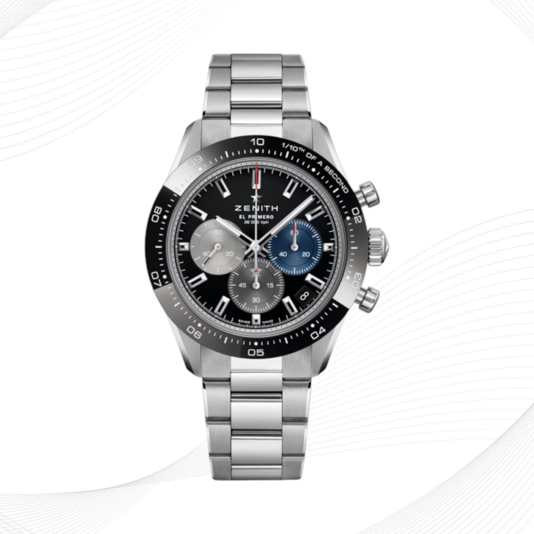 ZENITH Chronomaster Sport, black bezel, black dial, steel bracelet