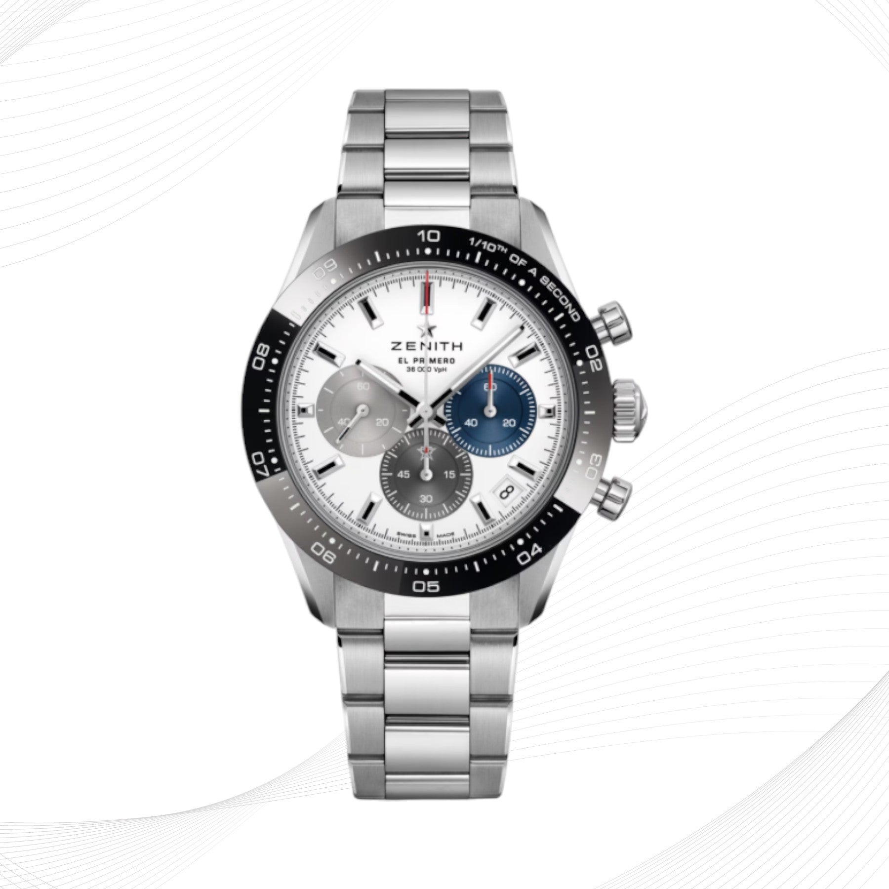 ZENITH Chronomaster Sport, black bezel, white dial, steel bracelet
