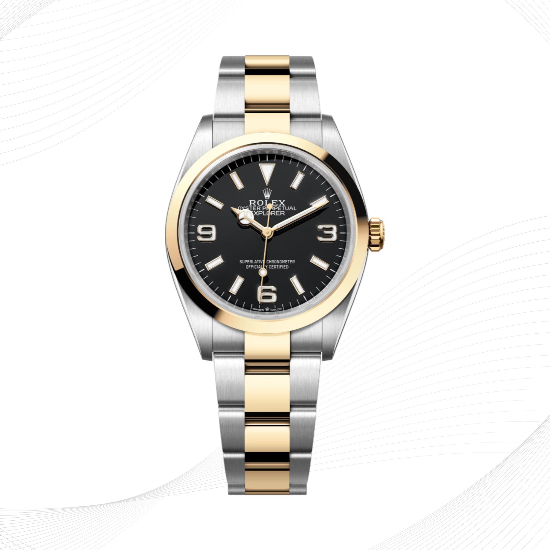 ROLEX Explorer 36, 18k yellow gold bezel, black lacquered dial, gold and steel bracelet