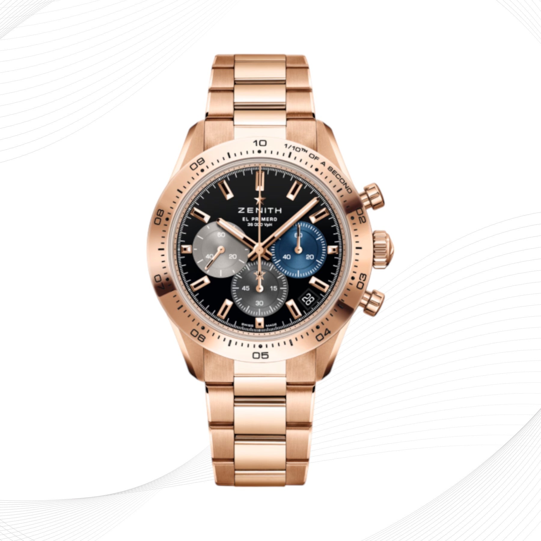 ZENITH Chronomaster Sport, rose gold bezel, black tri-colour dial, rose gold bracelet