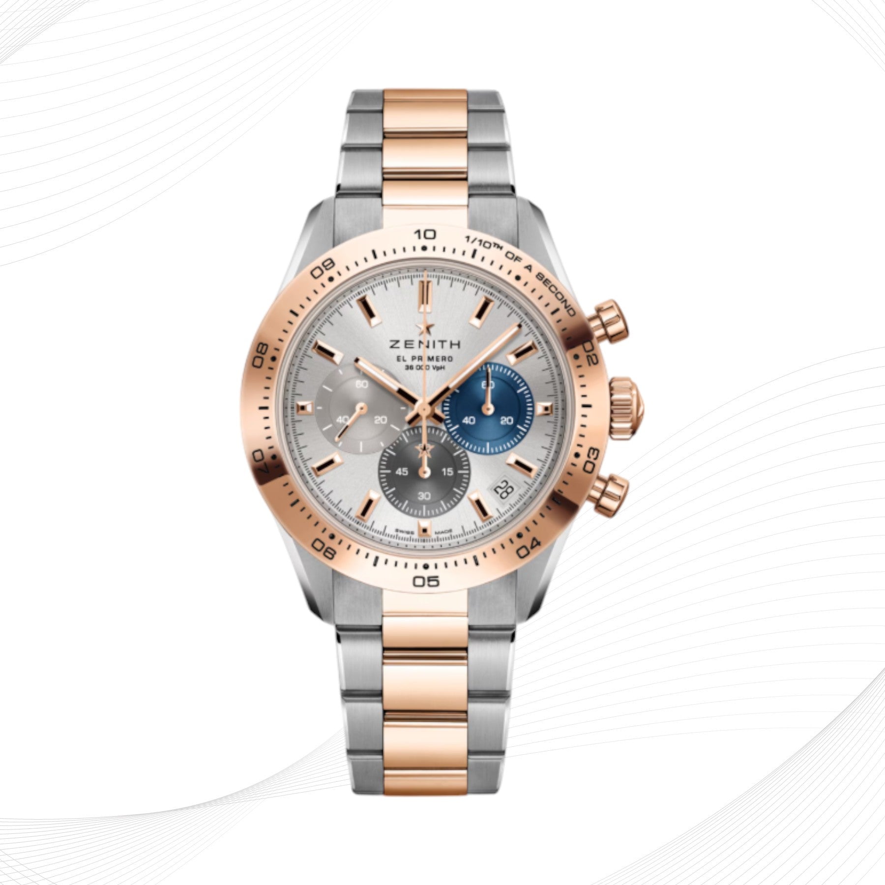 ZENITH Chronomaster Sport, rose gold bezel, silver tri-colour dial, steel and gold bracelet